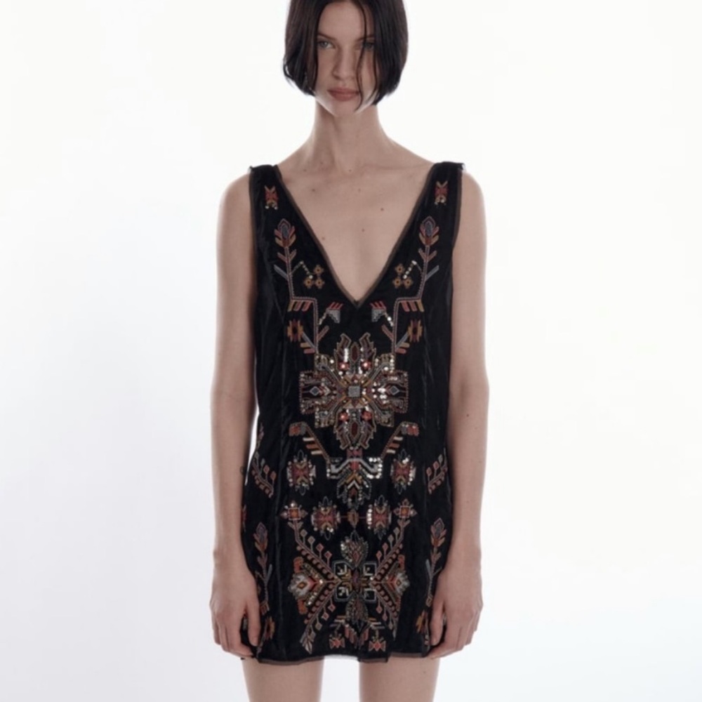 Zara Embroidered Black Velvet Mini Dress